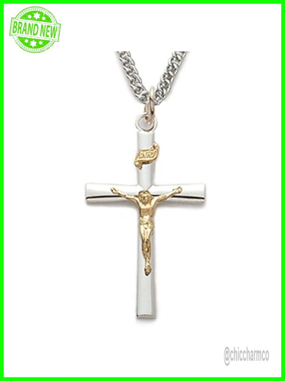 Two-Tone Sterling Silver Gold Plated Crucifix Cross Pendant Necklace 24 Inch